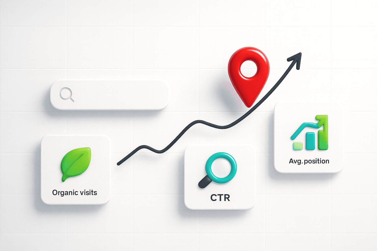 Marketing & Promotion hero: search, local pin, and metrics