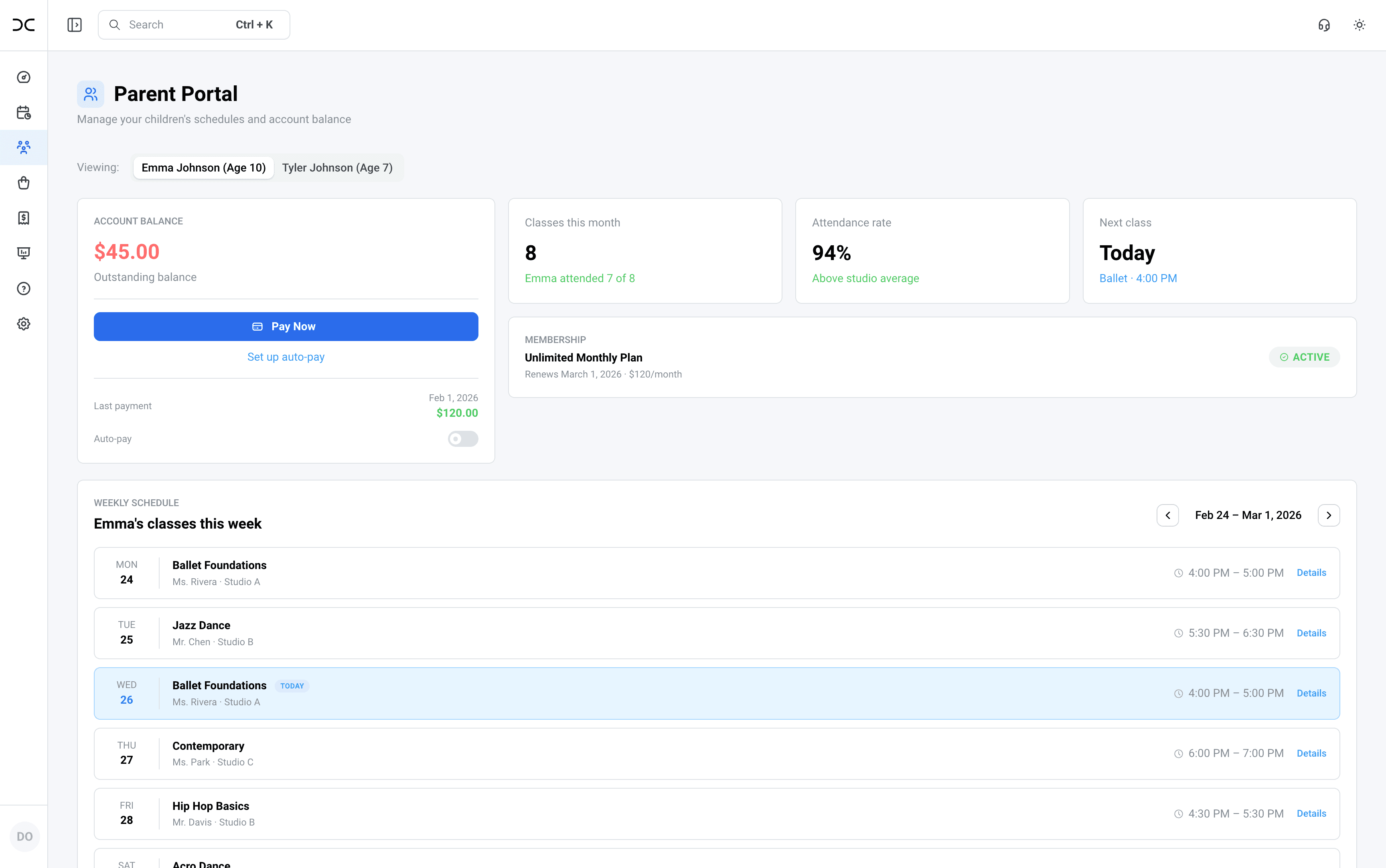 CRM Dance parent portal showing schedule and balance