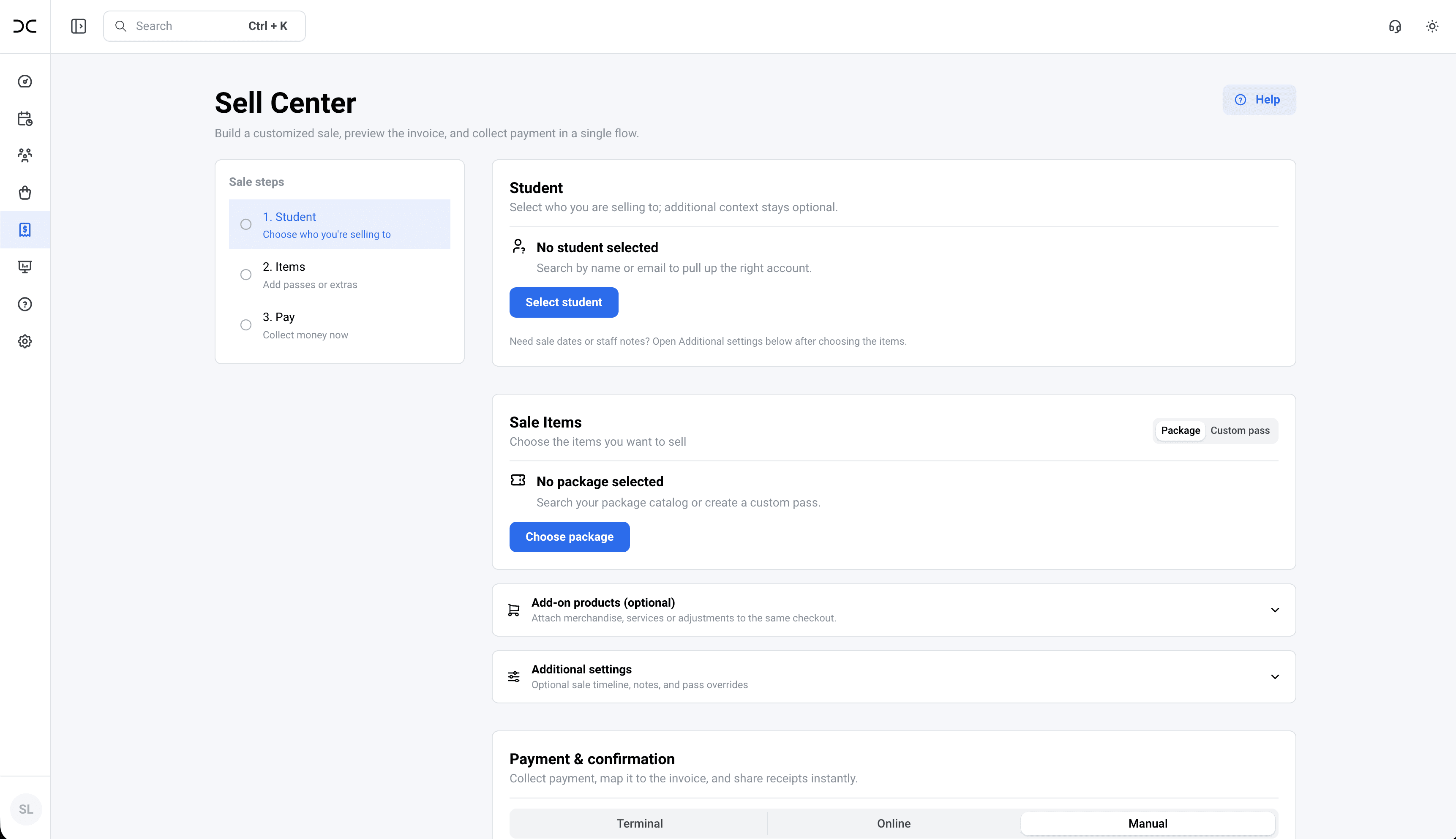 CRM Dance Sell Center — point of sale and payment collection