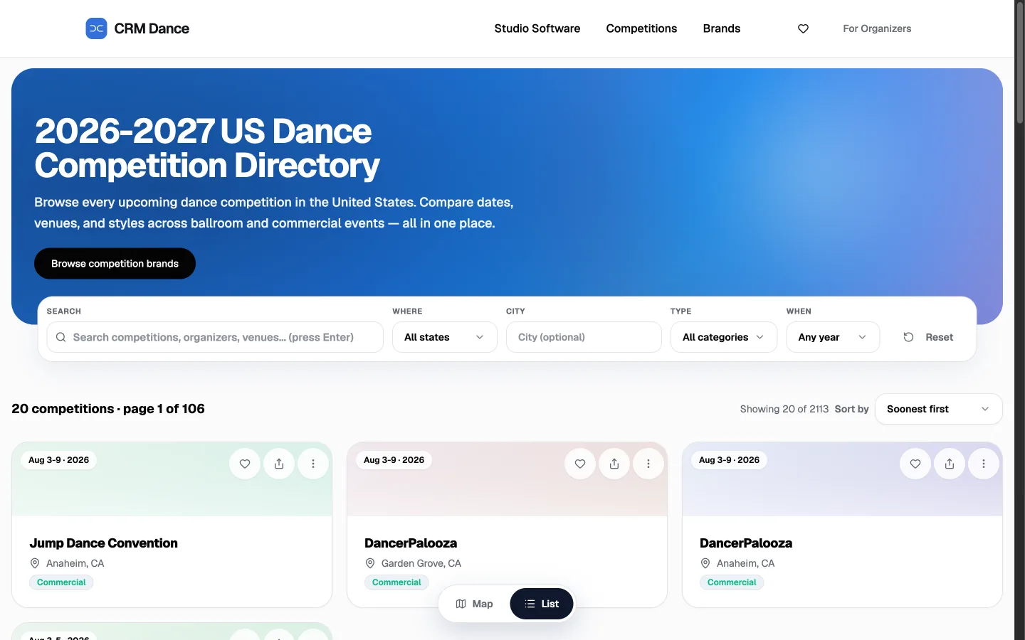 The competition directory: search, map, and cards for upcoming US dance competitions